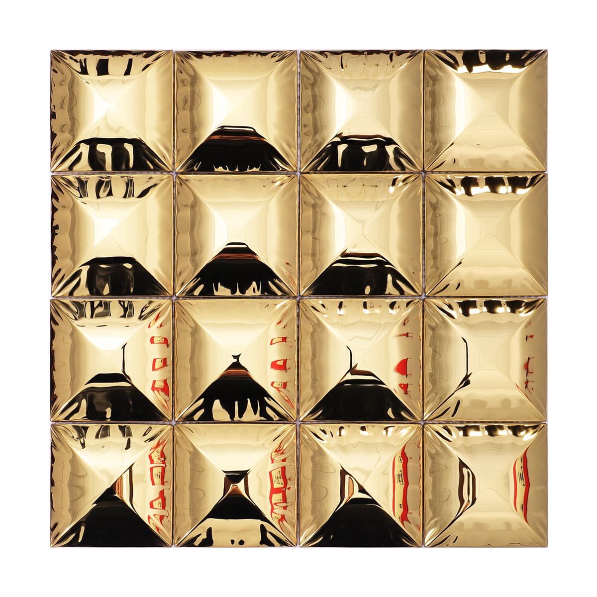 Glossy gold stainless steel pyramid tile front view