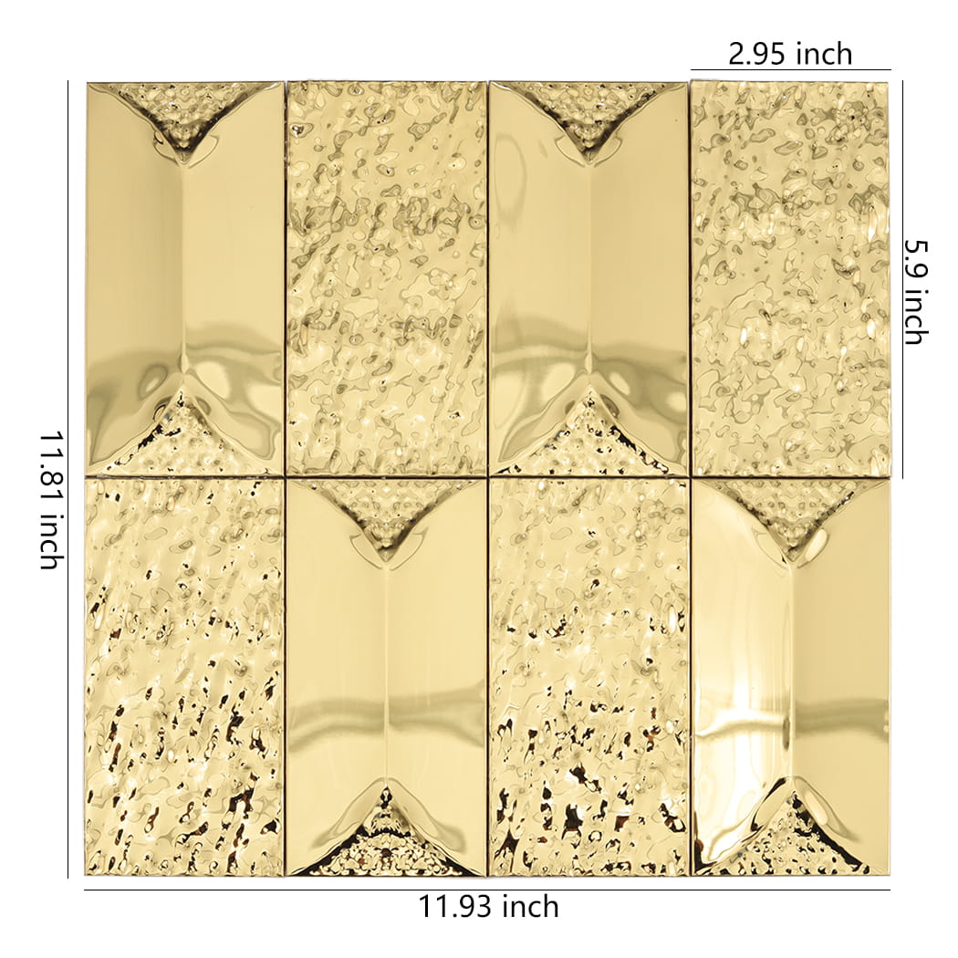 Gold rectangle mosaic tile sheet with 11.93 by 11.81 inch dimensions.