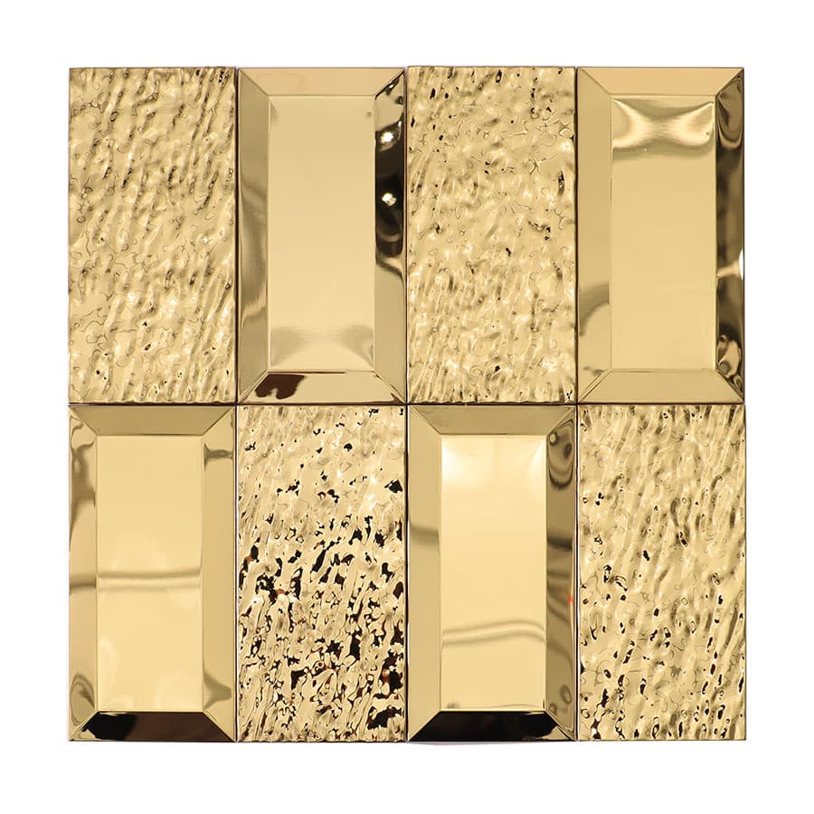 Front view of gold beveled and textured rectangular tiles