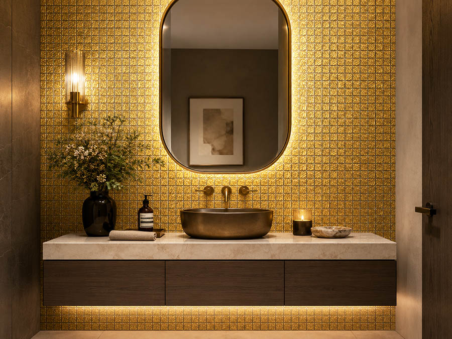 Gold square glass mosaic tile bathroom vanity wall with mirror