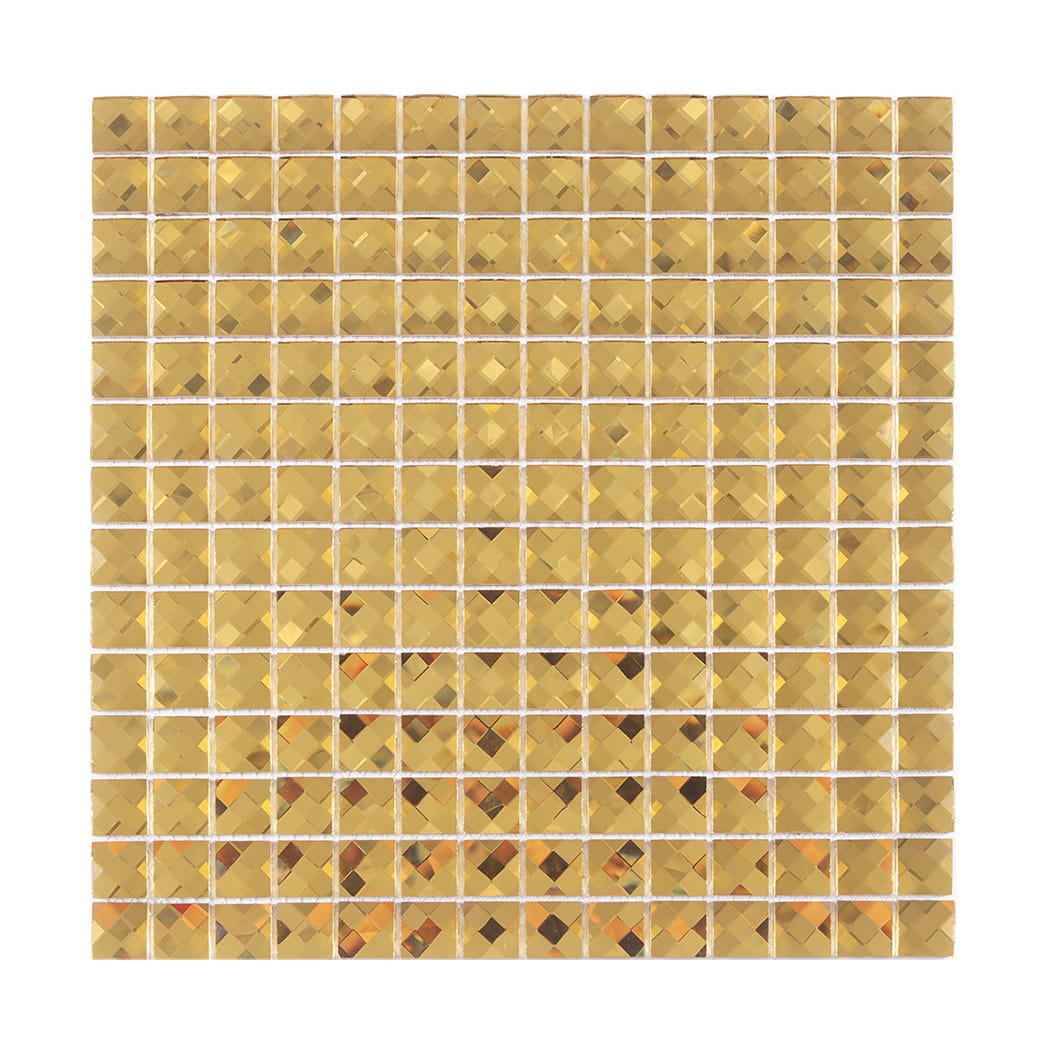 Full sheet of gold square faceted glass mosaic tile on a white background.