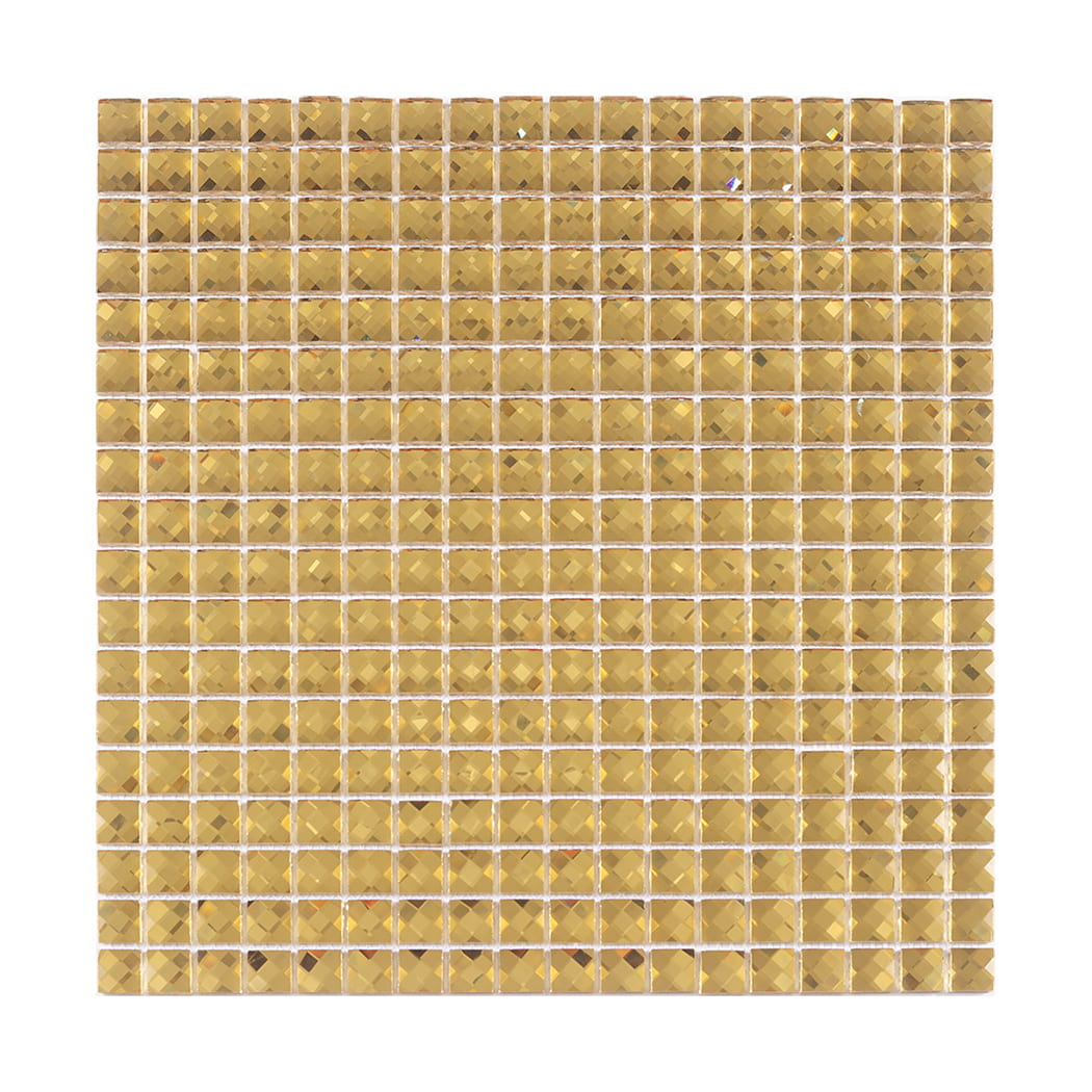 Front view of a full sheet of reflective gold square mirror glass mosaic tiles.