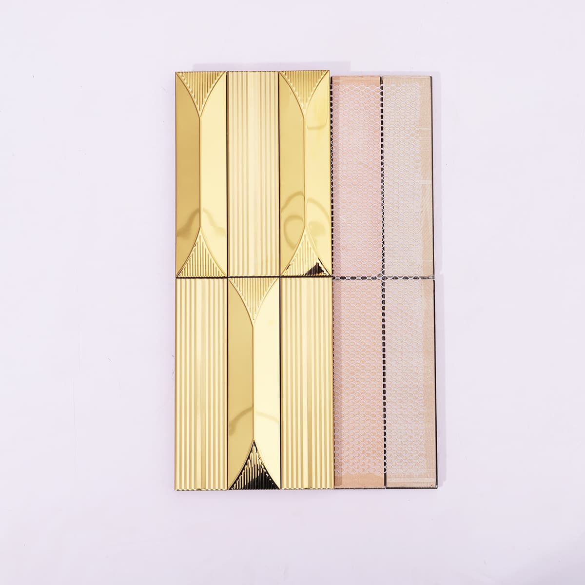 Back view of gold stainless steel mosaic tile sheet with mesh backing