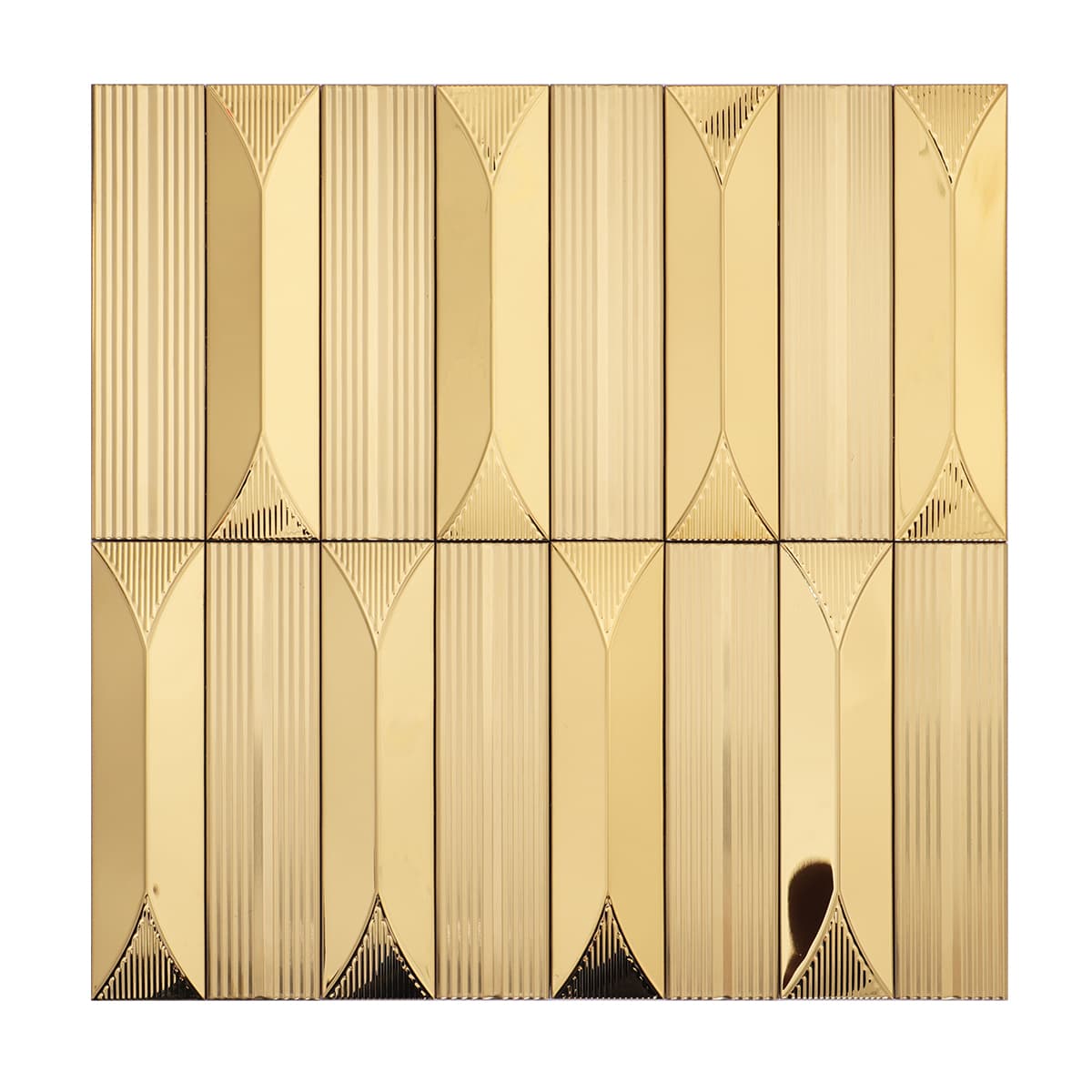 Full front view of gold stainless mosaic with symmetrical geometric design