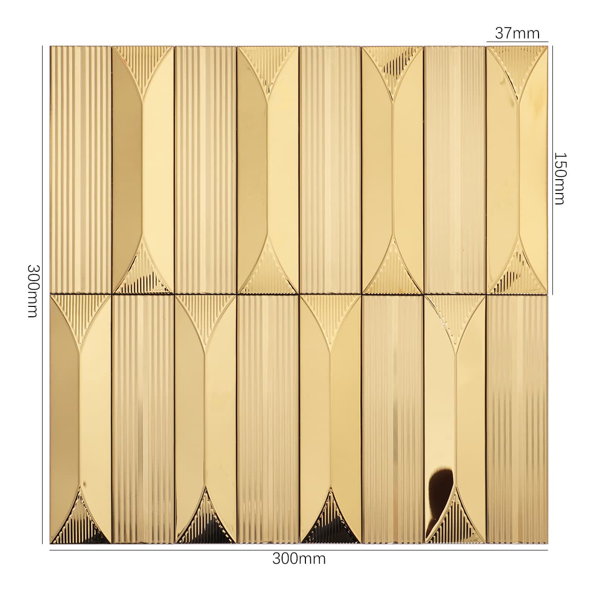 Gold stainless steel mosaic tile layout with full size dimensions