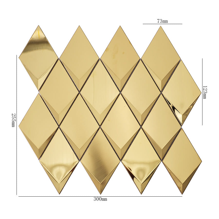 Gold stainless steel 3D diamond mosaic tile sheet with size measurements