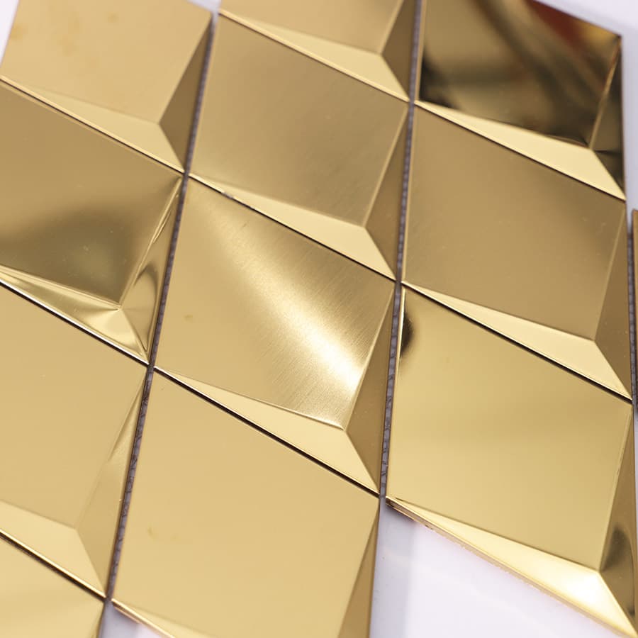 Surface view of gold stainless steel 3D diamond mosaic tiles in sheet