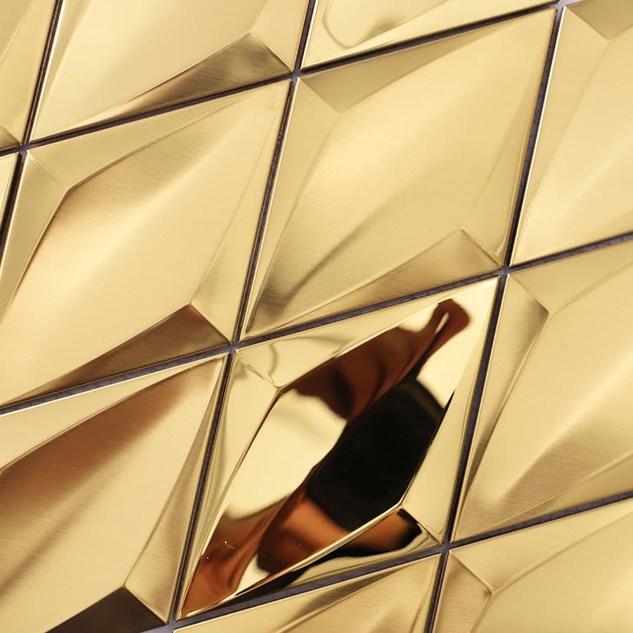 Close-up surface of gold stainless steel diamond mosaic tiles in sheet