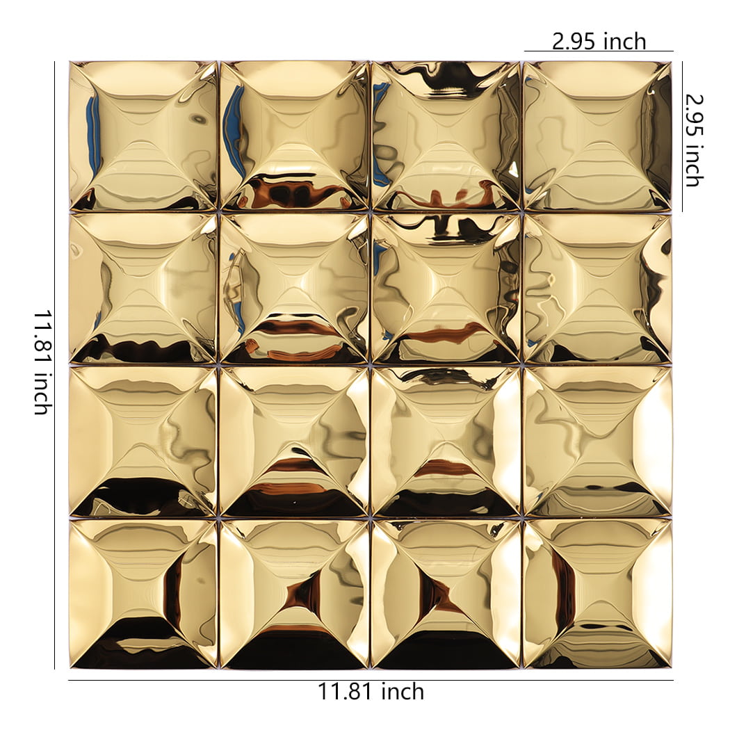 3D gold stainless steel square wall tile with size dimensions labeled in inches.