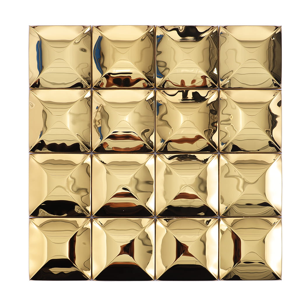 Front view of 3D gold stainless steel square wall tile with mirror finish.