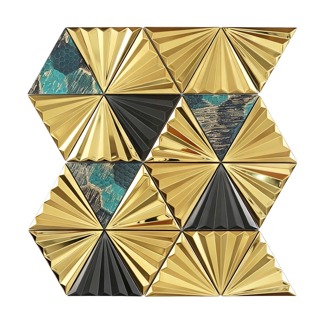 Front view of gold stainless steel and teal glass 3D fan triangle mosaic tile