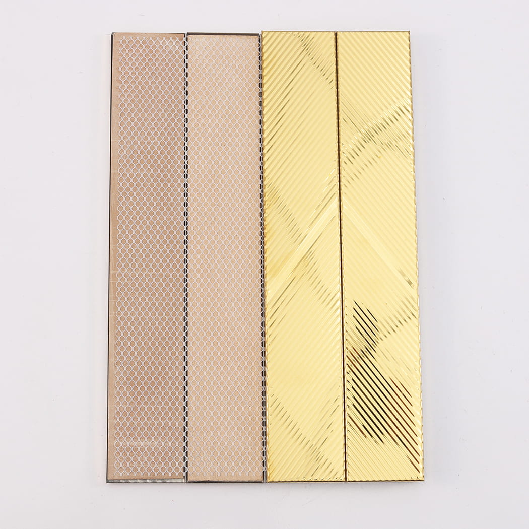 Back view of gold stainless steel vertical tile sample with mesh backing