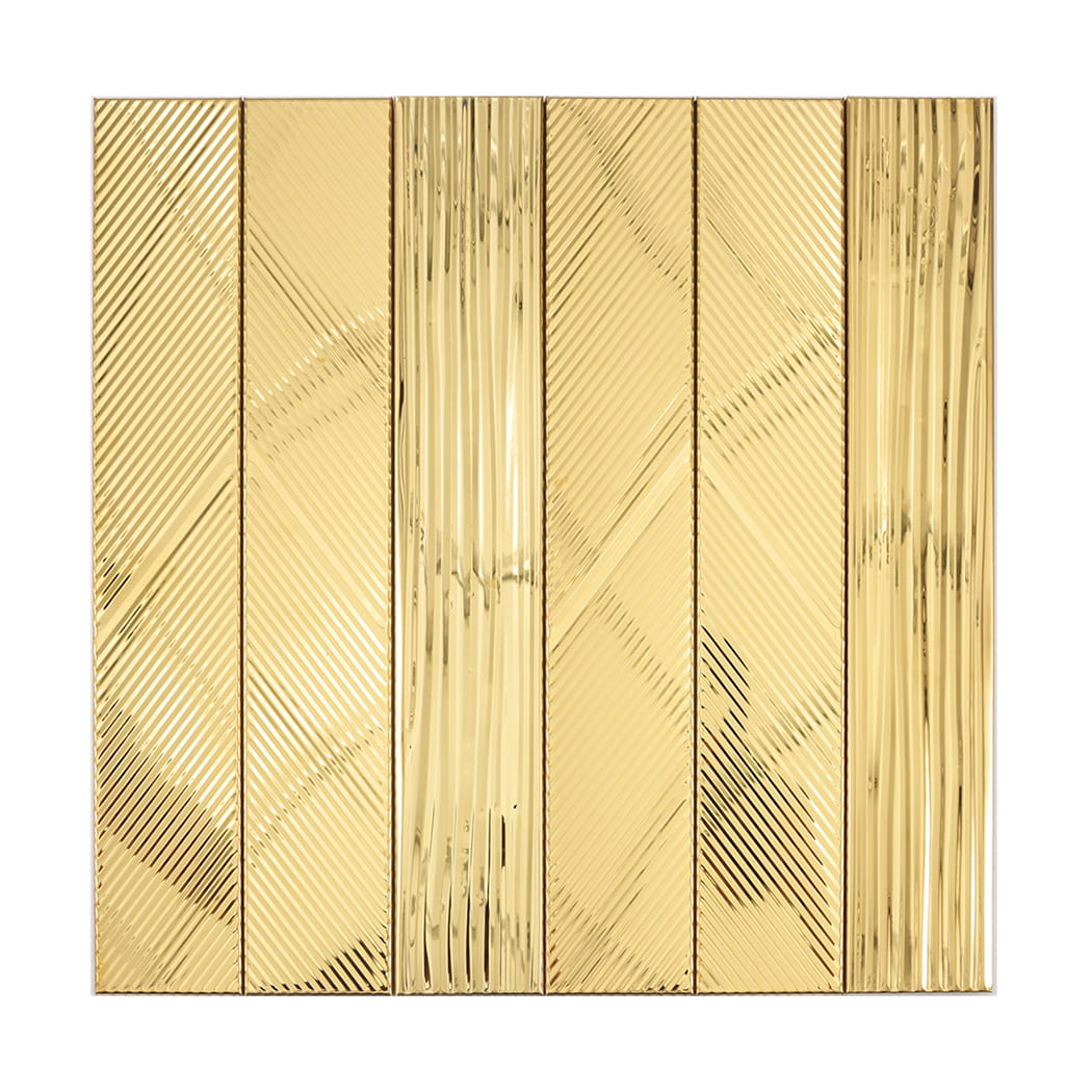 Full sheet of gold stainless steel vertical mosaic tiles with reflective striped texture