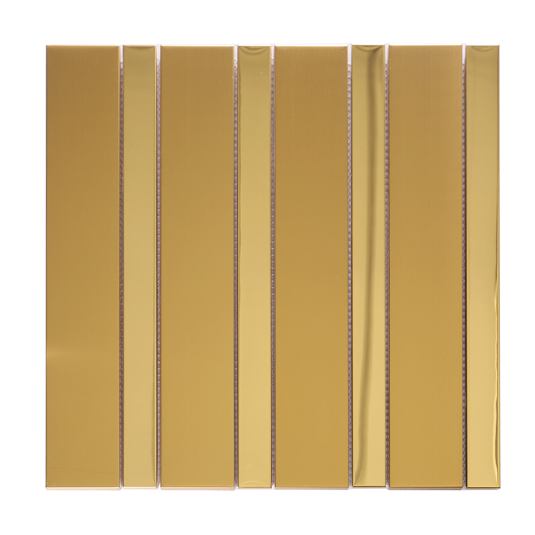 Front view of gold stainless steel vertical strip wall tile sheet for interior walls