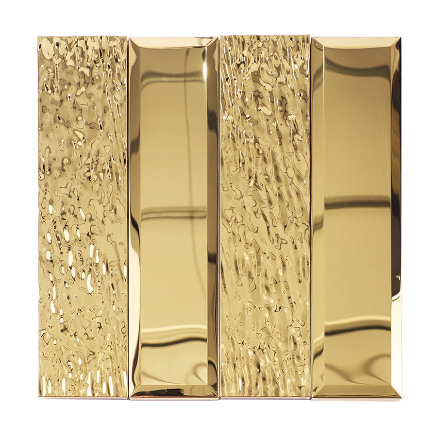 Full sheet of gold stainless steel vertical subway mosaic tile in glossy finish
