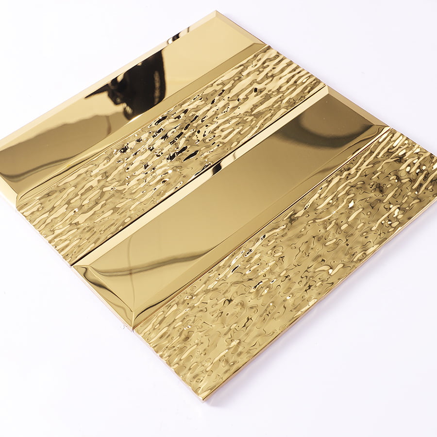 Reflective detail of gold stainless steel vertical subway mosaic tile surface
