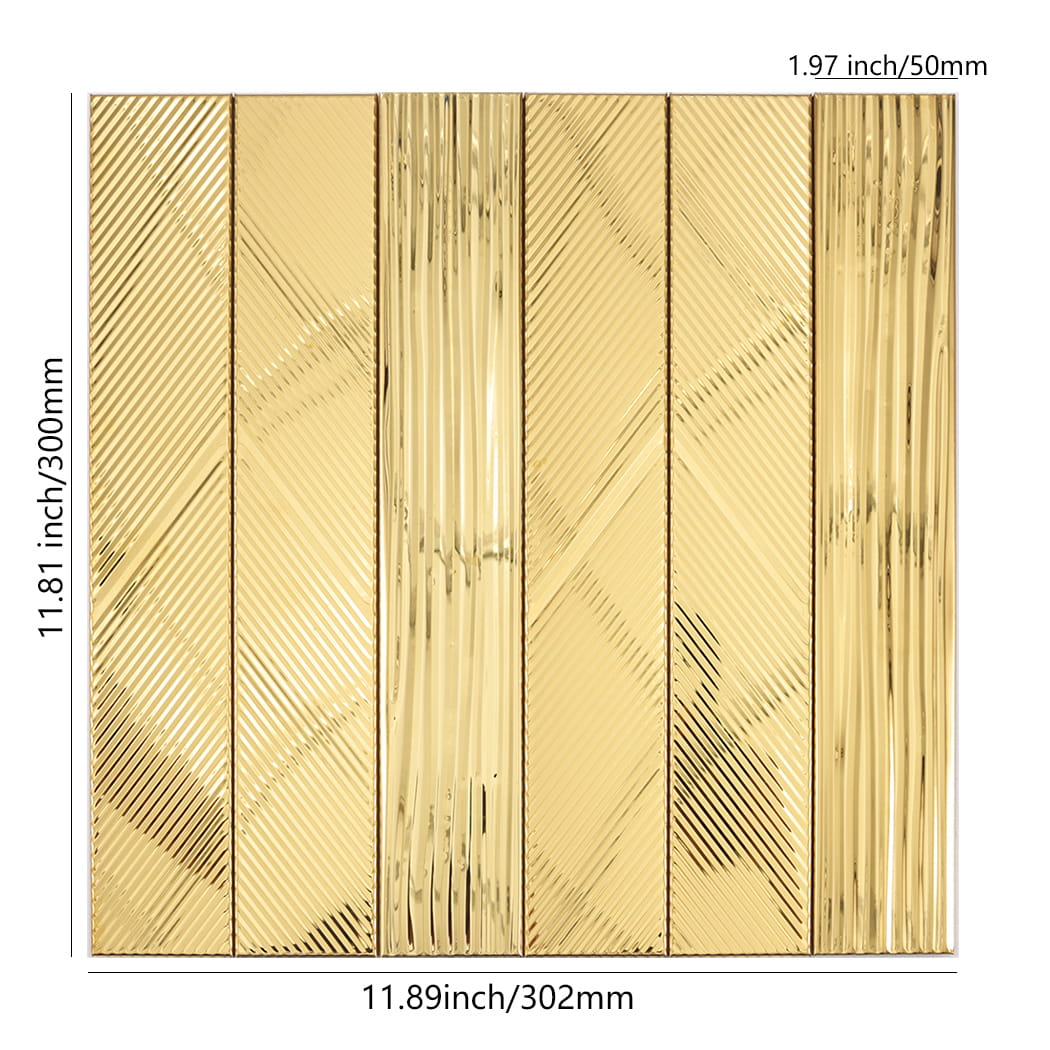 Gold stainless steel vertical tile sheet with grooved texture and size guide