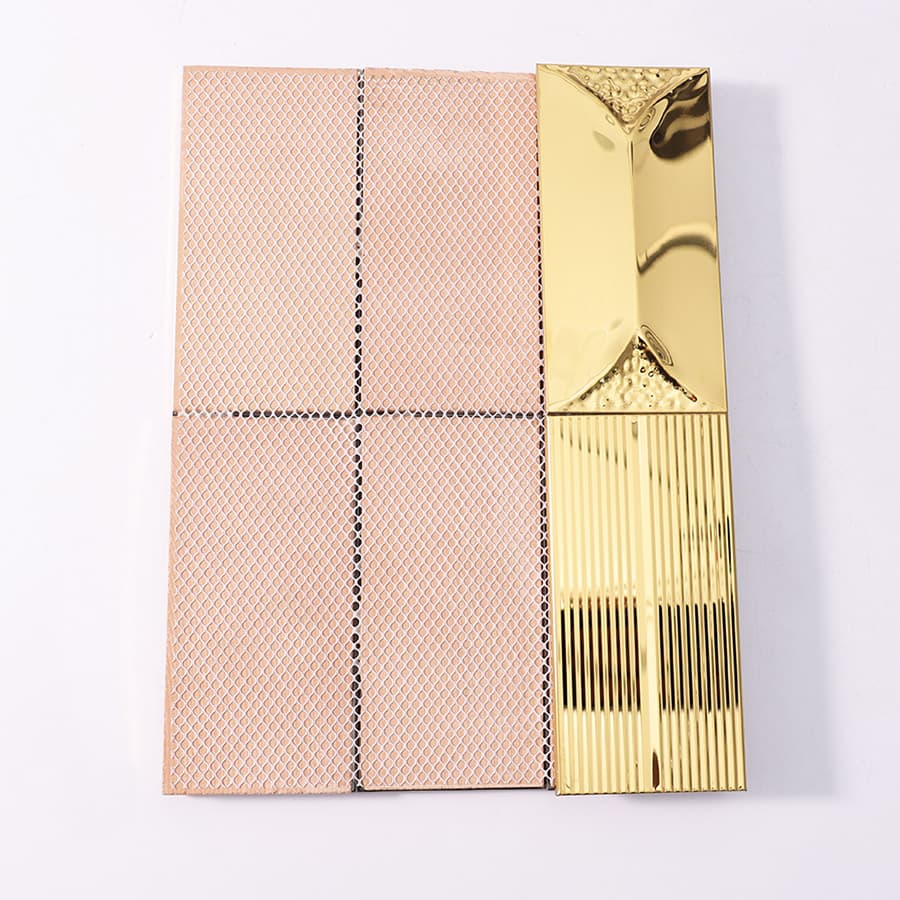 Back view of gold stainless steel wall tile showing mesh backing design.