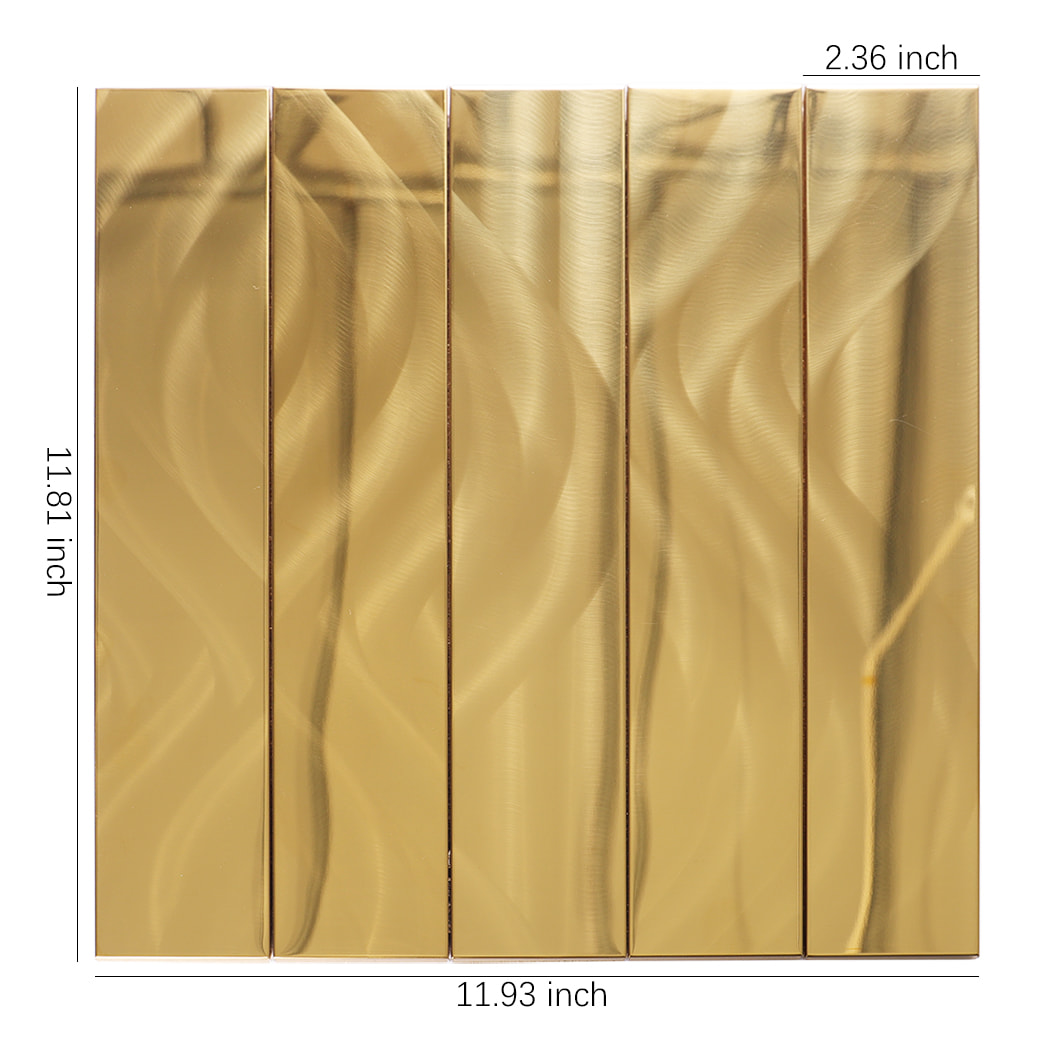 Gold stainless steel linear mosaic tile showing wave texture and size layout.