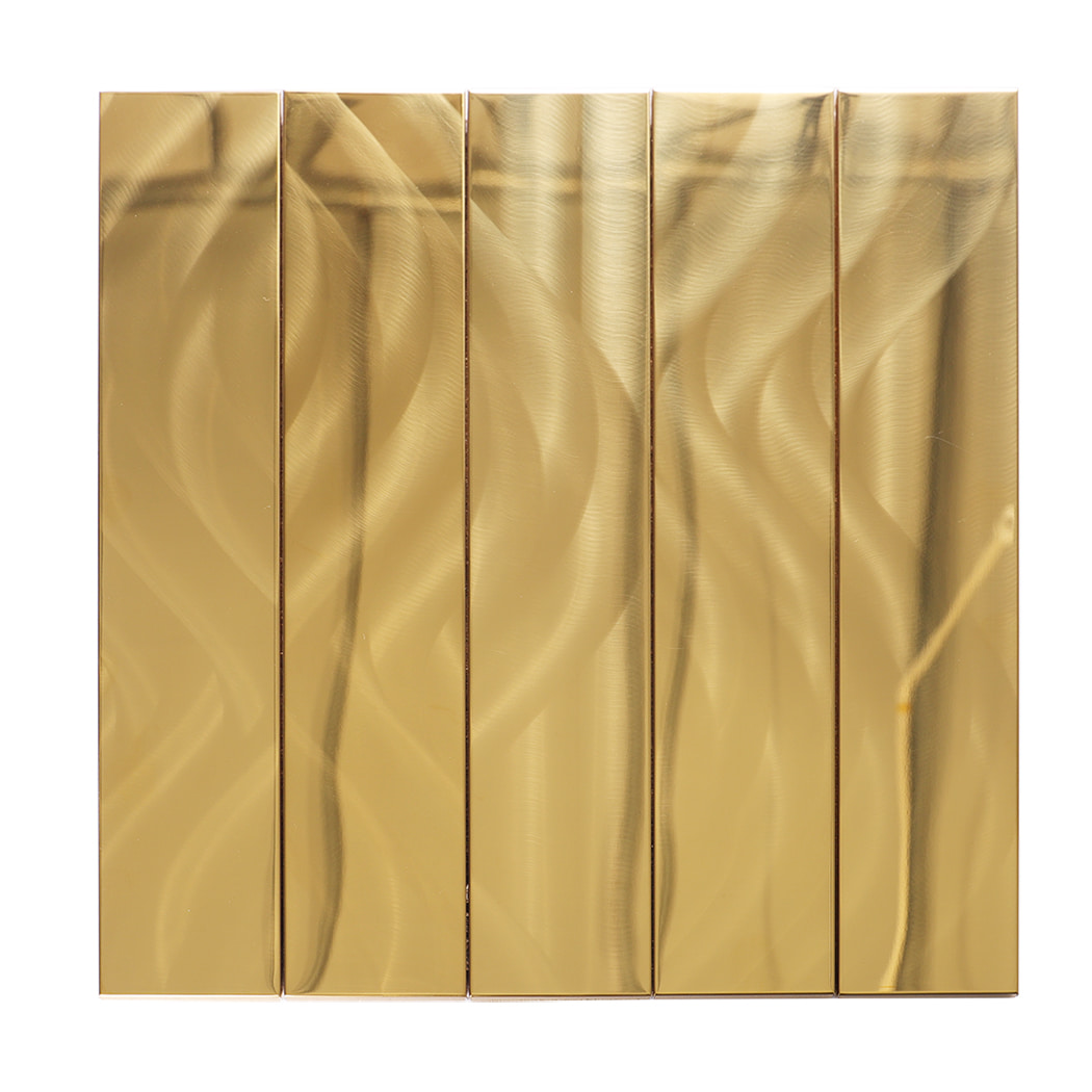 Full view of gold stainless steel mosaic tile with elegant wave surface.