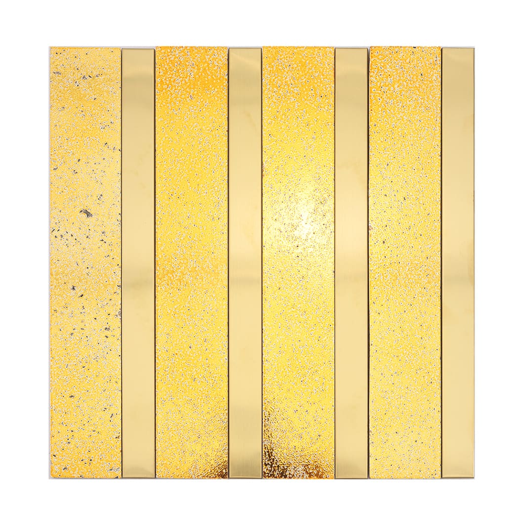 Gold electroplated stone mosaic front view with brushed metal vertical accents