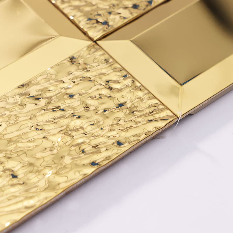 Side closeup of gold textured and beveled rectangular tiles