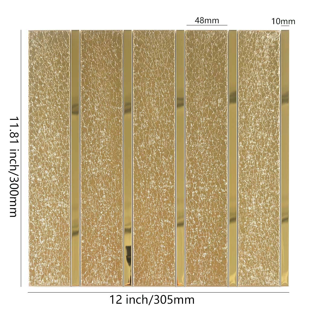 Gold tile sheet with glitter texture for modern bathroom tiles and size details