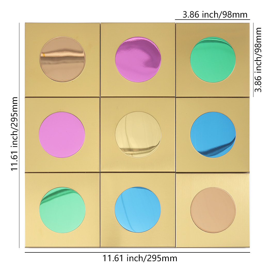 A 3x3 grid of gold square tiles with colorful circular mirrors and measurement labels.