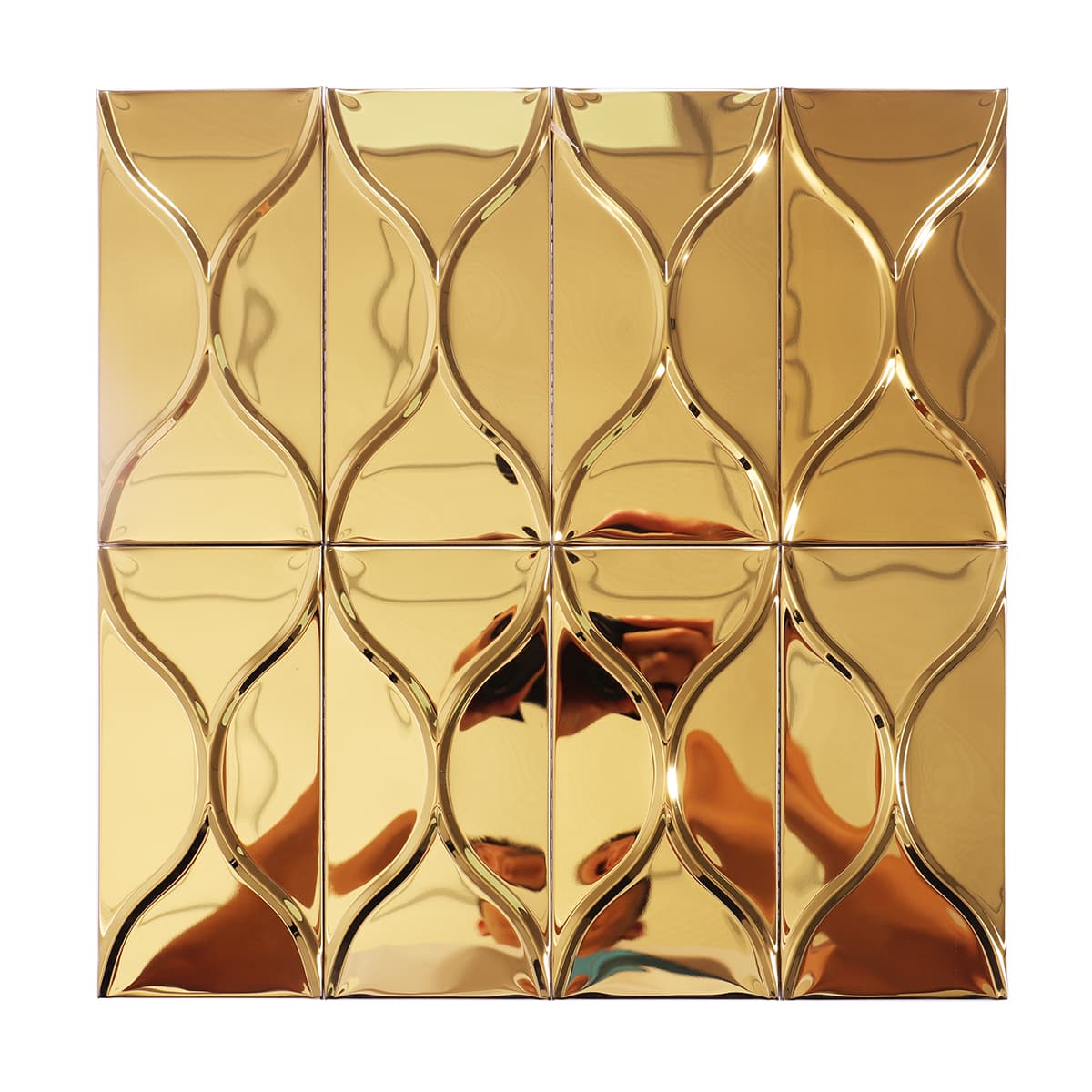 Reflective gold 3D wave metal mosaic tile in full view