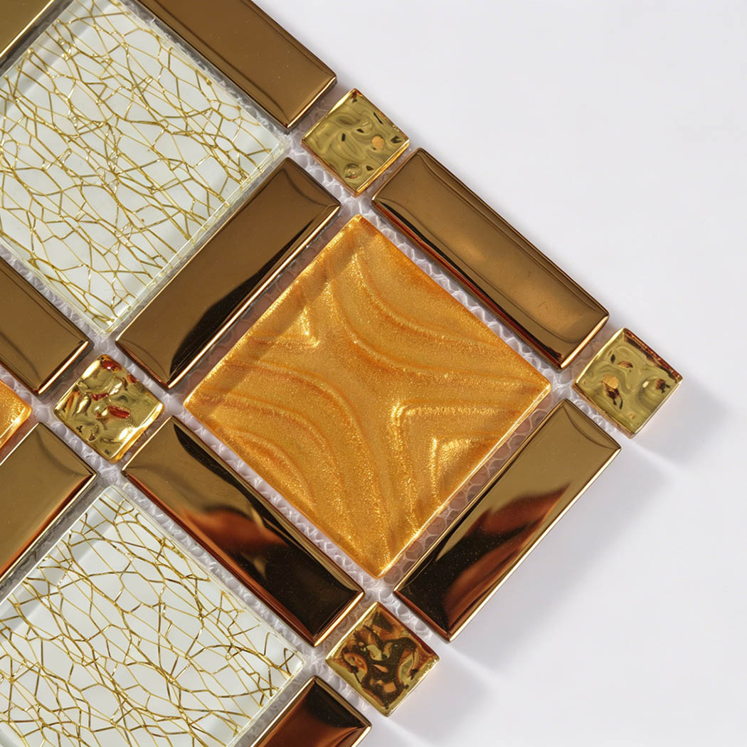 Corner detail of gold textured, crackle white, and glossy strip mosaic tile