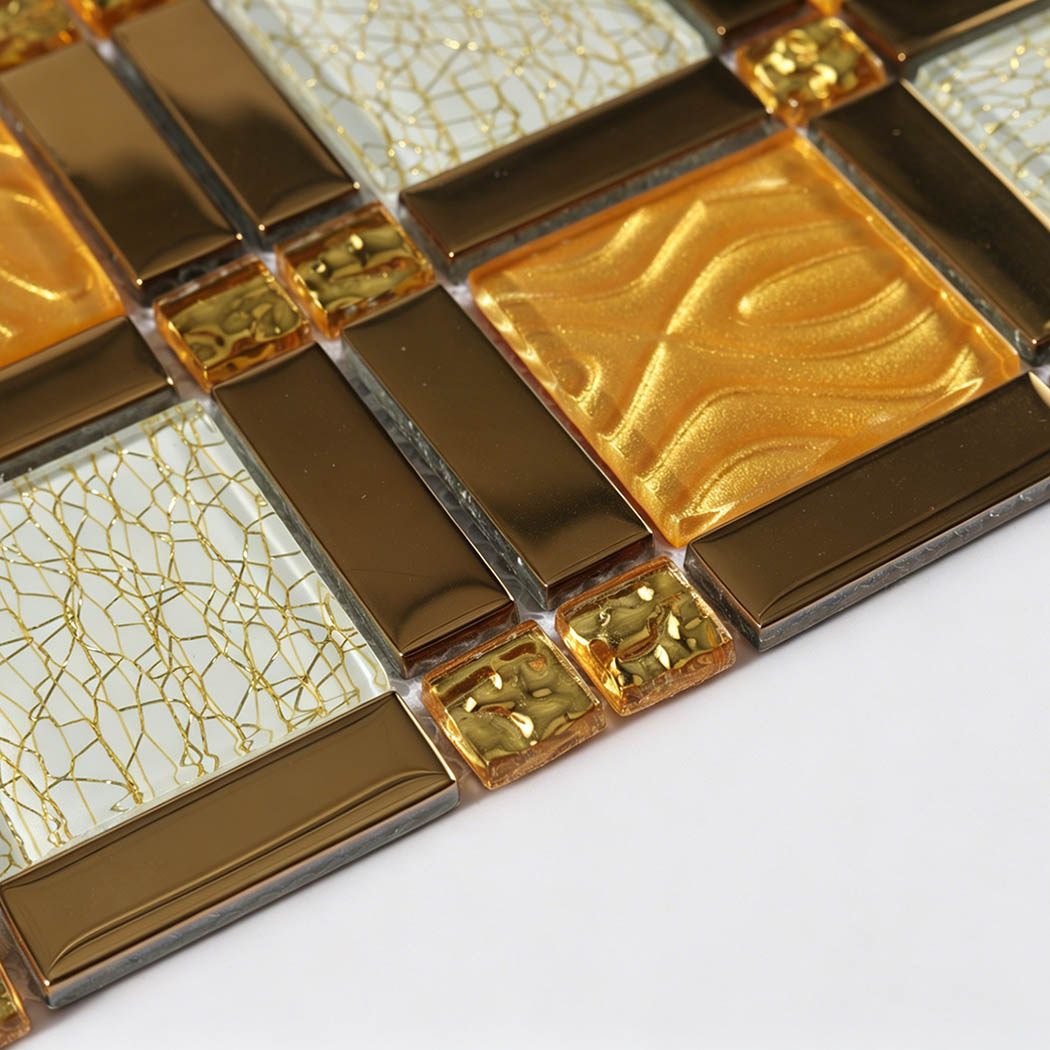 Low angle close-up of gold and white mosaic tile surface with raised glossy strips