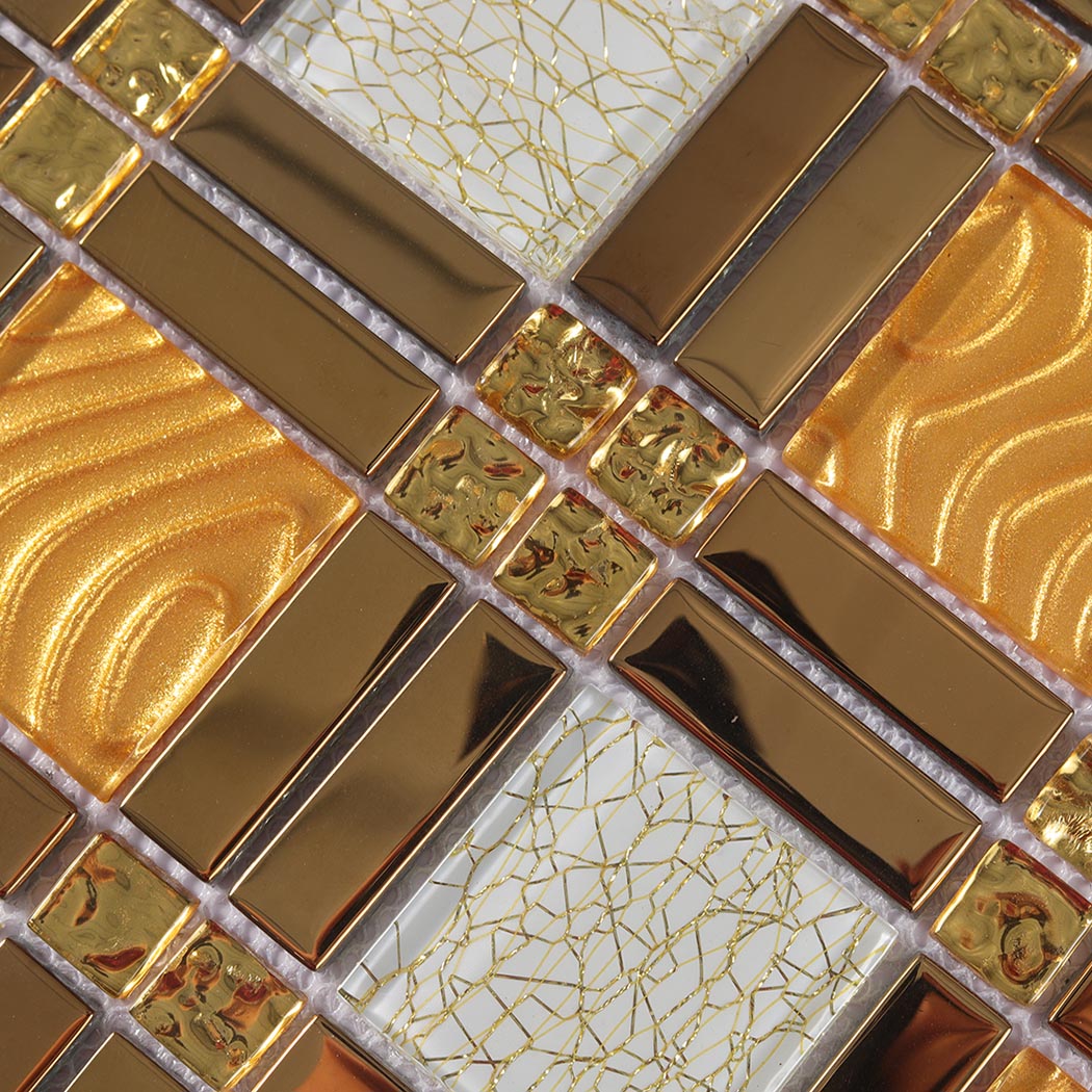 Close view of gold textured glass, white crackle glass, and glossy strip mosaic