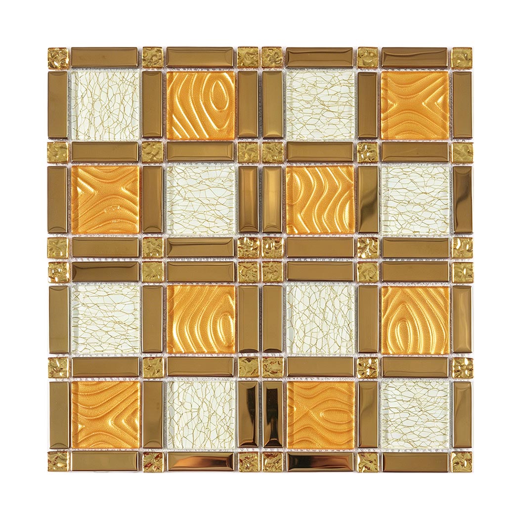 Front view of gold and white square mosaic tile sheet on white background