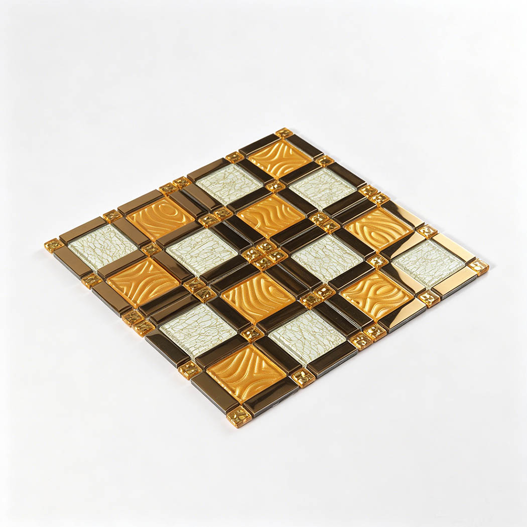 Perspective view of gold and white square mosaic tile sheet