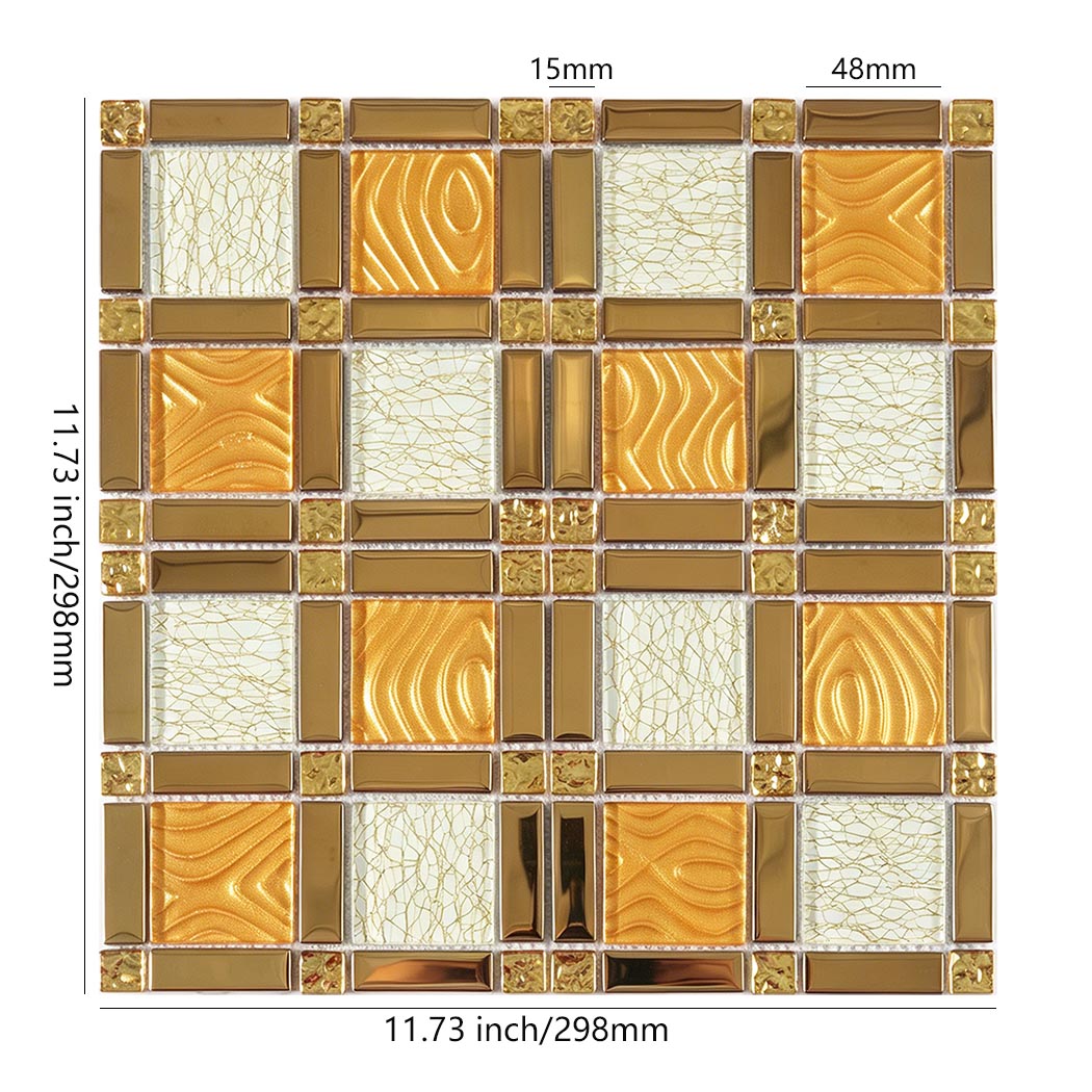 Gold and white square mosaic tile sheet with 298 mm size guide