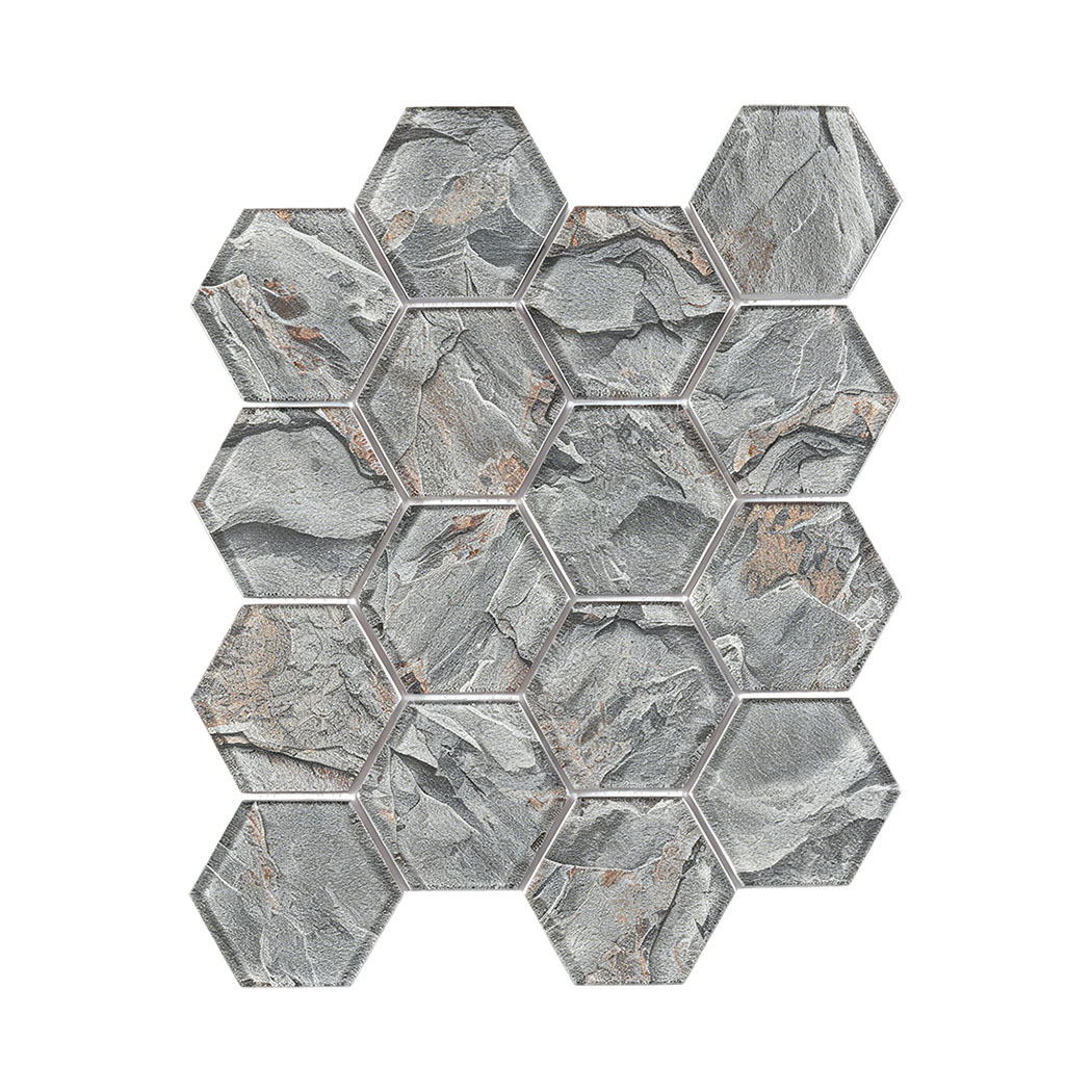 Graphite gray stone look hexagon glass mosaic sheet with rust veining accents