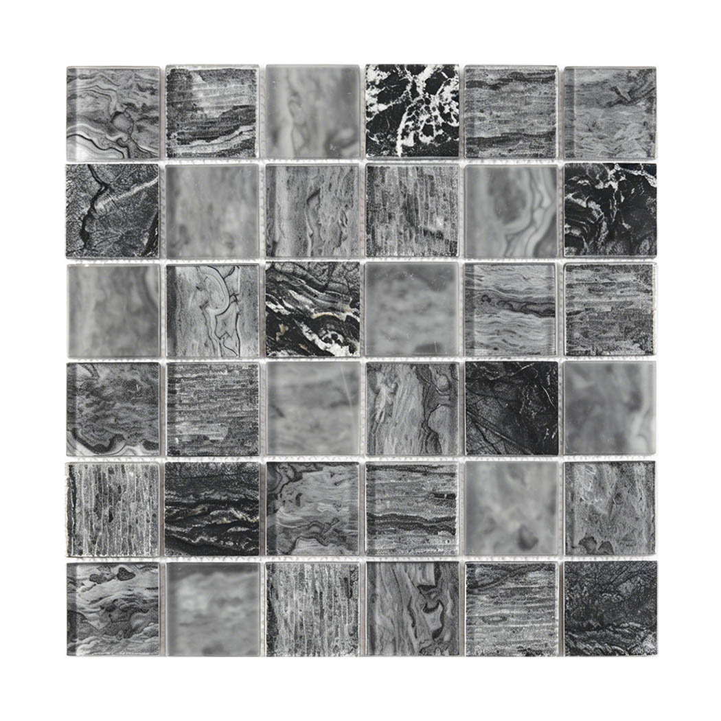 Front view of gray black square glass mosaic with glossy frosted and stone look chips