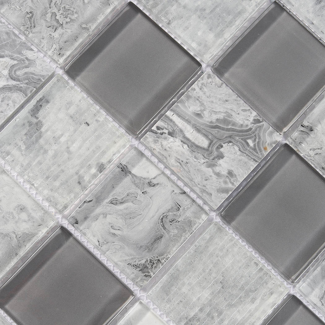 Gray square glass mosaic with smooth dark chips and swirling marble effect