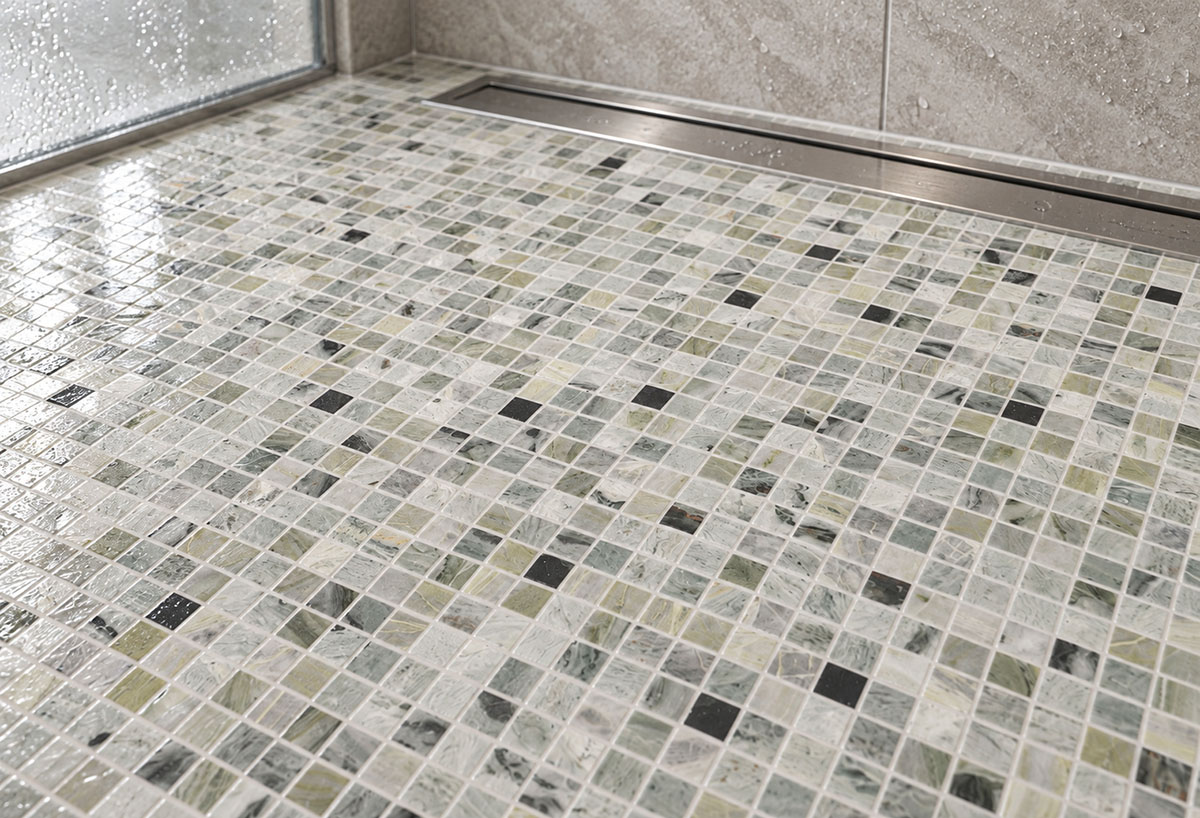 Close-up of gray and green square mosaic shower floor beside a stainless steel linear drain