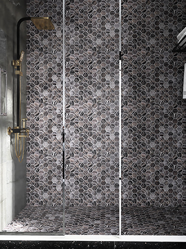 Full view of grey marble hexagon mosaic tiles for bathroom