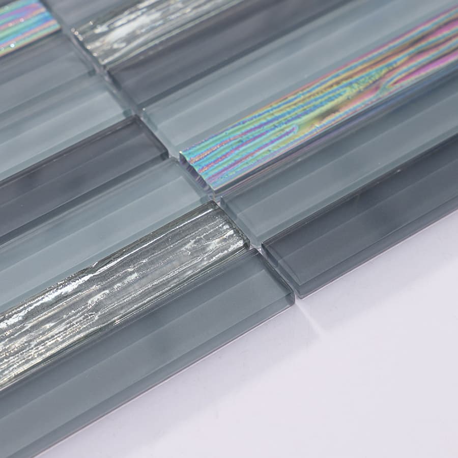 Side angle view of gray and iridescent crystal glass mosaic tile sheet