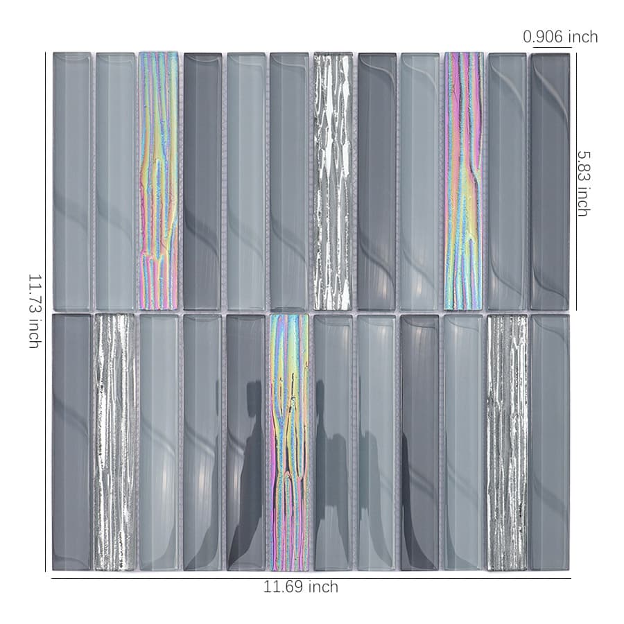 Gray and iridescent crystal glass mosaic wall tile with measurement dimensions