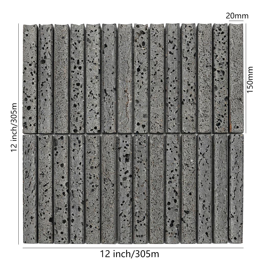 Gray lava stone linear mosaic tile sheet with 20mm by 150mm strip size marks