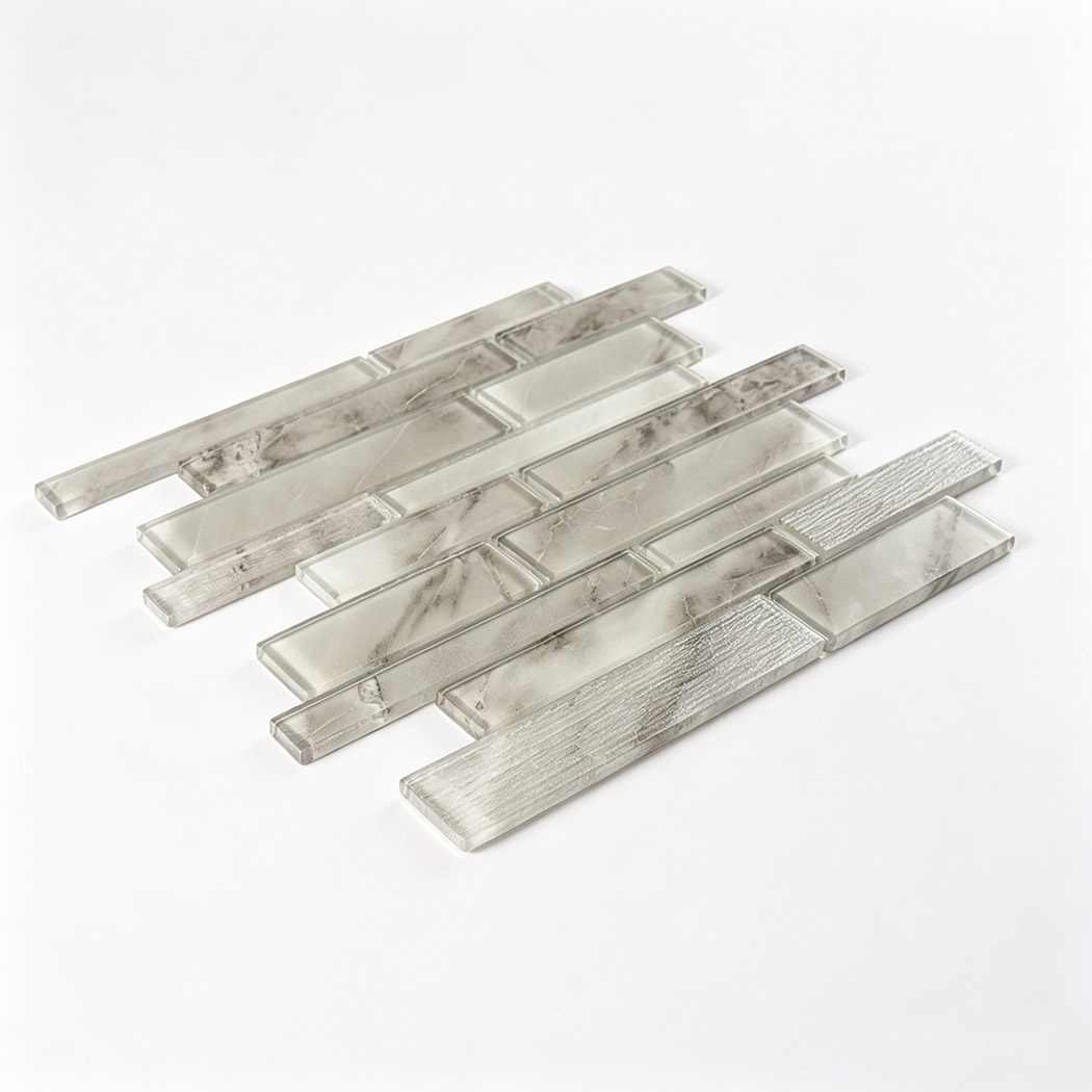 Perspective display of gray linear glass mosaic sheet with mixed veined strips