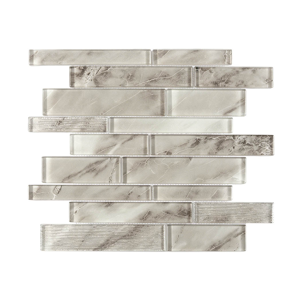 Front view of gray marble look linear glass mosaic tile sheet on white background