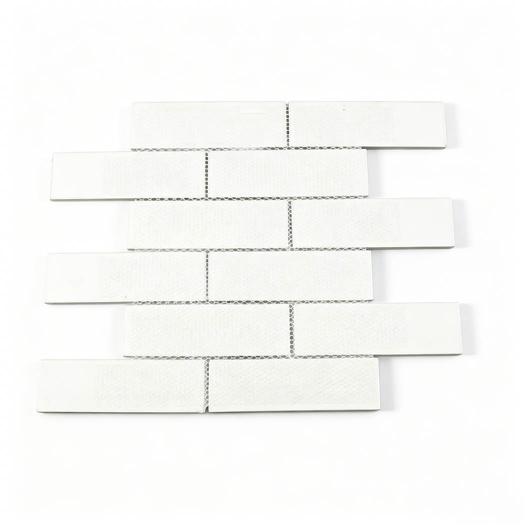 White mesh backing on black gray marble glass subway tile sheet