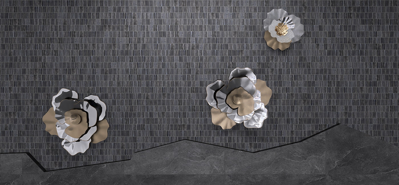 Artistic gray tile display with layered flower wall decor 