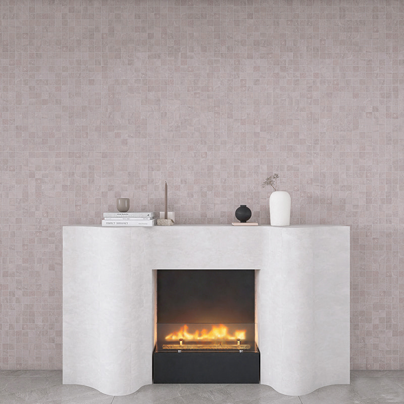 Soft gray mosaic tiles create a subtle, elegant fireplace accent wall