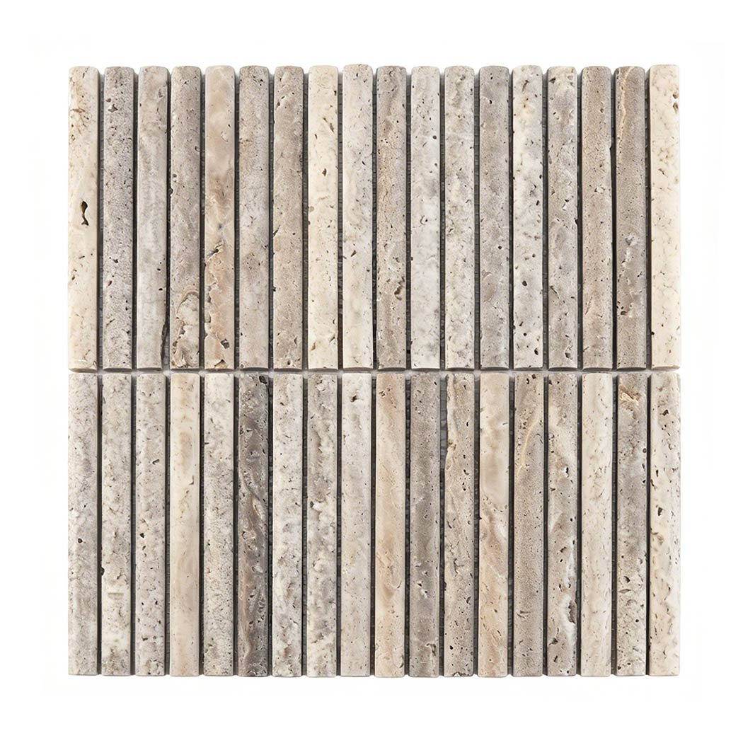 Full sheet of gray travertine fluted mosaic tile with vertical rounded strips