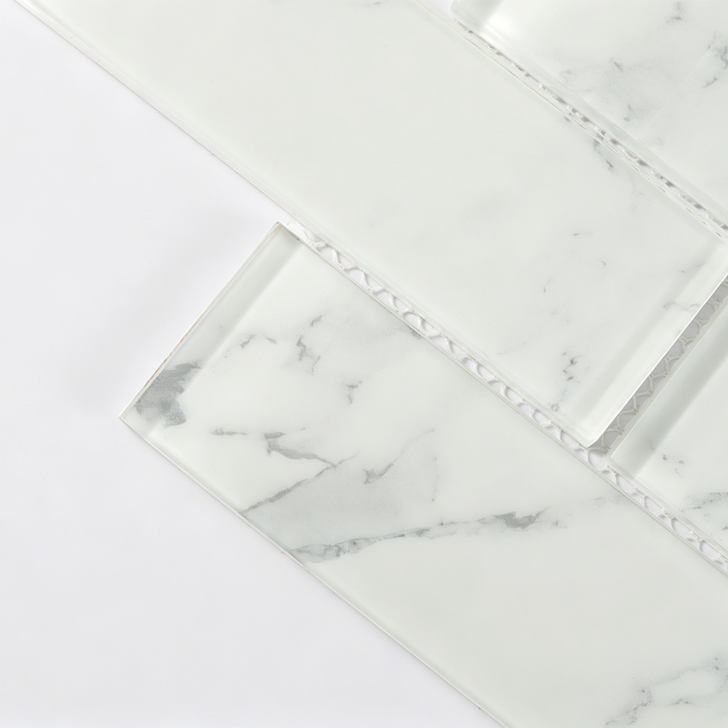 White marble glass subway tile with translucent surface and gray veins